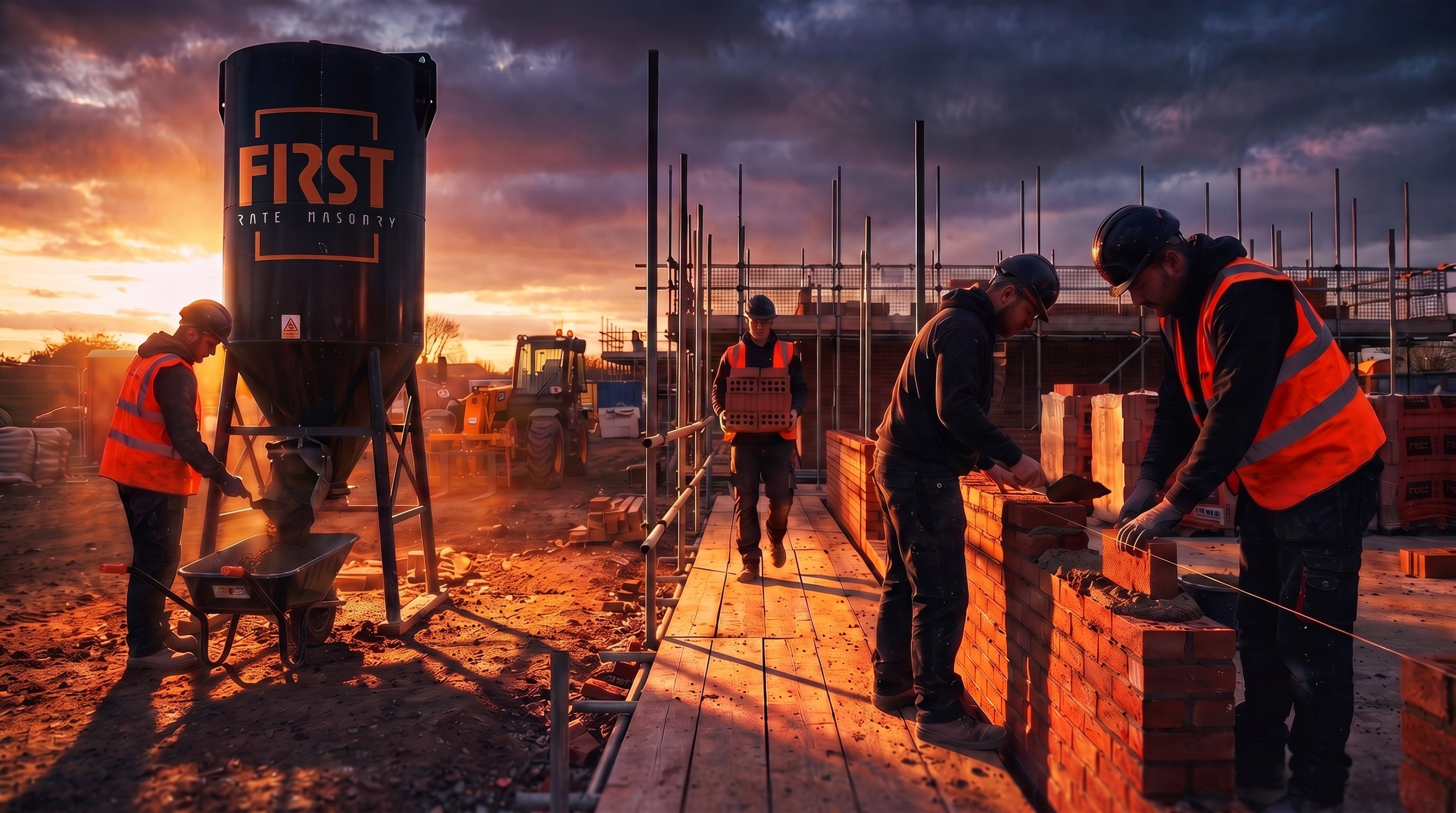 First Rate Masonry site at golden hour — branded silo and bricklaying gangs